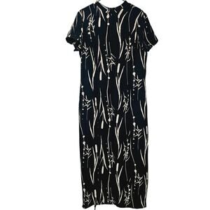 Vintage Liz Claiborne 100% Silk Maxi Dress Womens Size 14 Black Floral Slit Boho